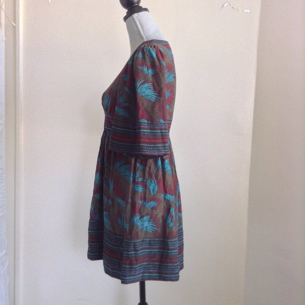 BETSEY JOHNSON V-NECK EMPIRE WAIST PRINT GREEN SHORT MINI DRESS 3/4 LONG SLEEVE - Picture 6 of 11